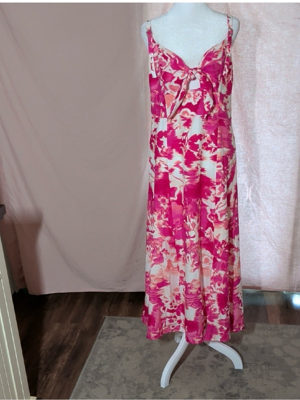 Dkny Pink and Cream Tie-Front Floral Midi Dress